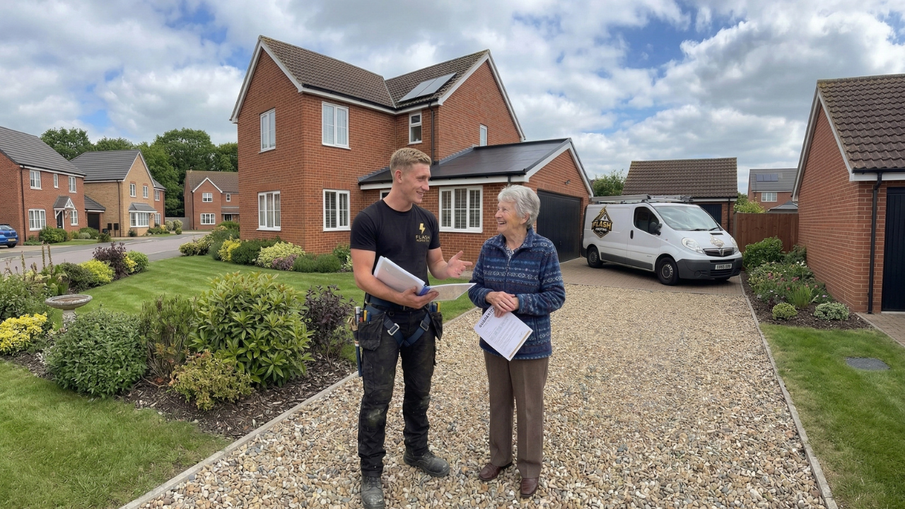 Flash Roofing engineer with satisfied customer after emergency roof repair
