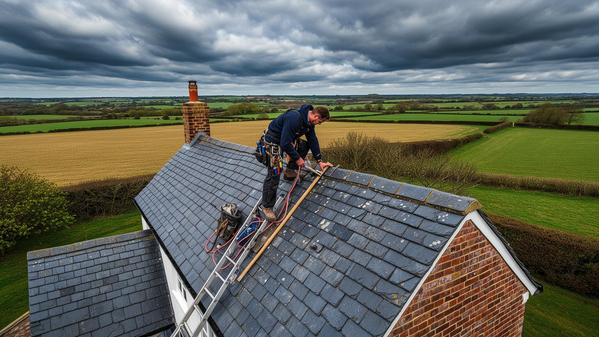 Professional roofer installing slate tiles on a pitched roof in the Suffolk countryside