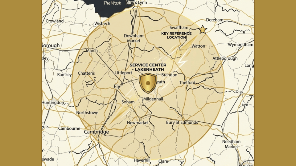Flash Roofing UK Ltd service area map covering Bury St Edmunds and surrounding areas