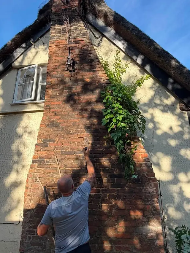 Roofer on a ladder repointing an ivy covered brick chimney breast